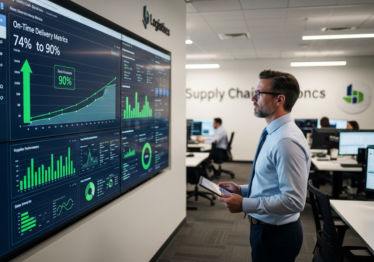 Supply chain performance dashboard showing improved delivery metrics